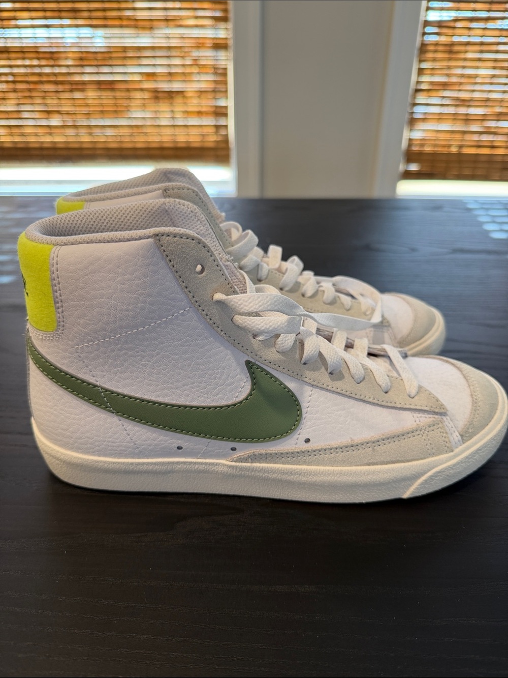 NWOT Nike Women’s High-Top Sneakers in White with Olive Swoosh and Yellow Heel